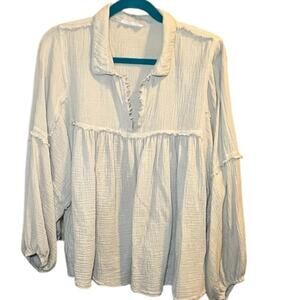 Ces Femme Woman Medium  Boho Flowy Babydoll  Long Sleeve Beige Taupe Cotton